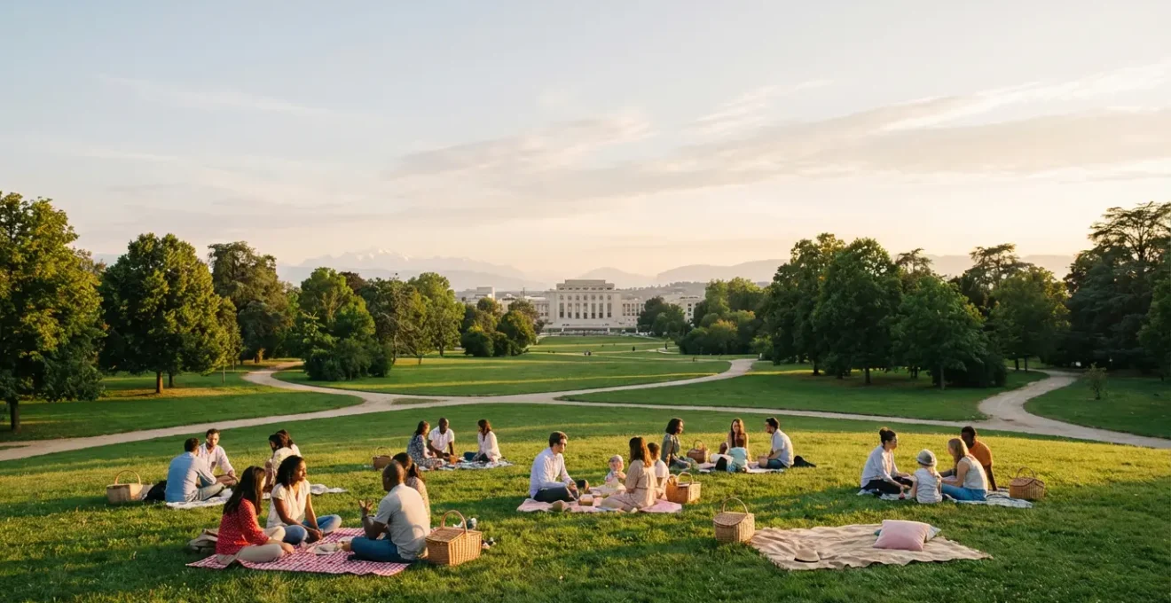 Vue panoramique d'un parc genevois avec des groupes de personnes pique-niquant sur des pelouses verdoyantes, le Palais des Nations visible en arrière-plan et le Mont-Blanc à l'horizon