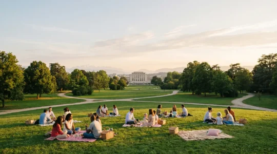Vue panoramique d'un parc genevois avec des groupes de personnes pique-niquant sur des pelouses verdoyantes, le Palais des Nations visible en arrière-plan et le Mont-Blanc à l'horizon