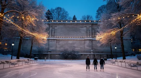 Patinoire extérieure au cœur de Genève en hiver, avec patineurs glissant sur la glace entourés d'arbres givrés et de lumières crépusculaires