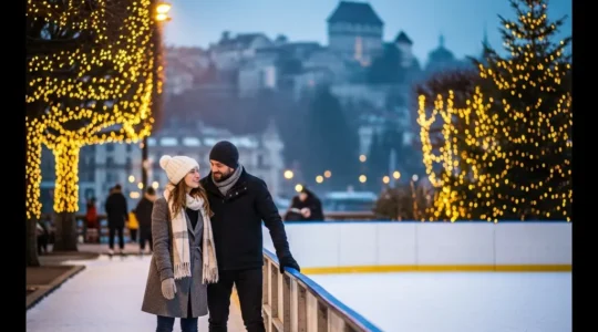 Un couple patine au parc des Bastions à Genève au crépuscule, sous des lumières hivernales, avec la Vieille-Ville en arrière-plan.