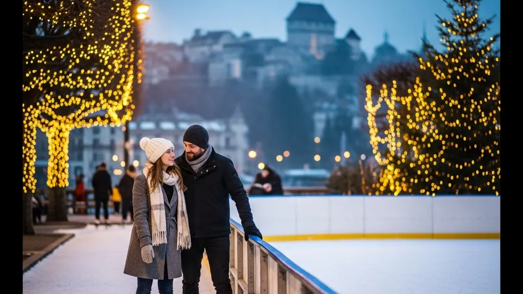 Un couple patine au parc des Bastions à Genève au crépuscule, sous des lumières hivernales, avec la Vieille-Ville en arrière-plan.