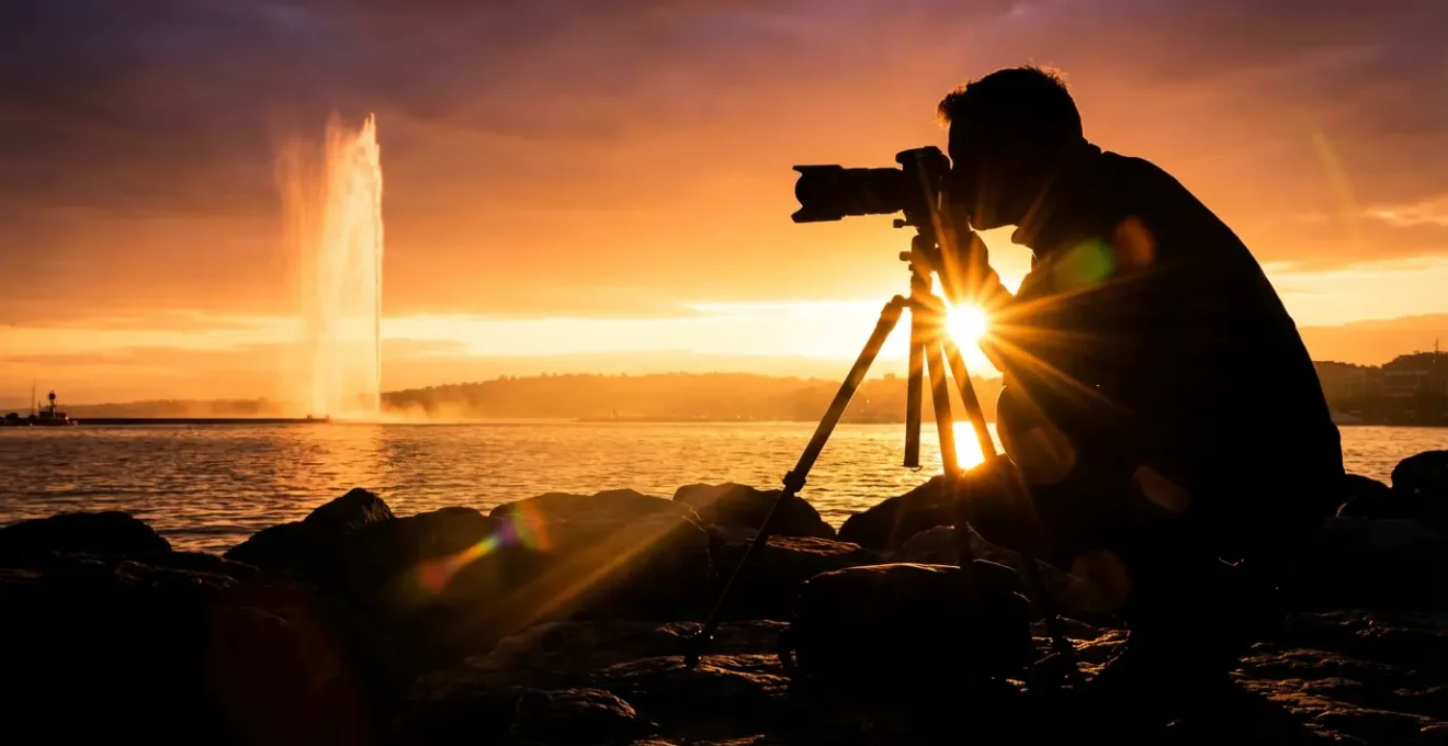 Photographe capturant le Jet d'Eau de Genève pendant l'heure dorée depuis un point de vue secret