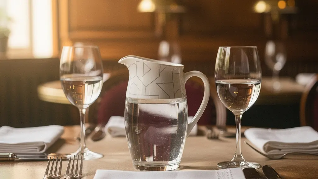 Pichet en céramique rempli d'eau claire posé sur une table de bistrot genevois avec verres et couverts, lumière naturelle douce