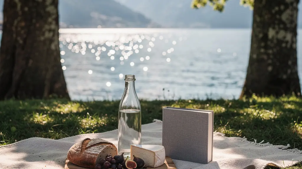 Scène de pique-nique paisible sur la pelouse du parc de la Perle du Lac à Genève, avec le lac Léman et les montagnes en arrière-plan