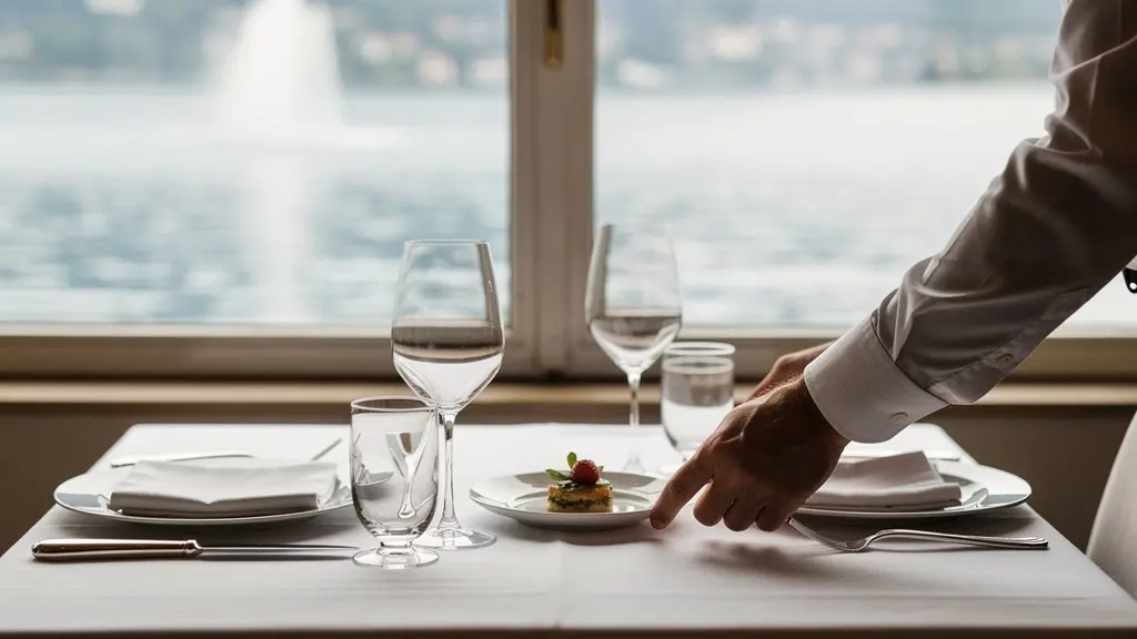 Table dressée dans un restaurant gastronomique avec vue sur le lac Léman et une lumière douce évoquant Genève.