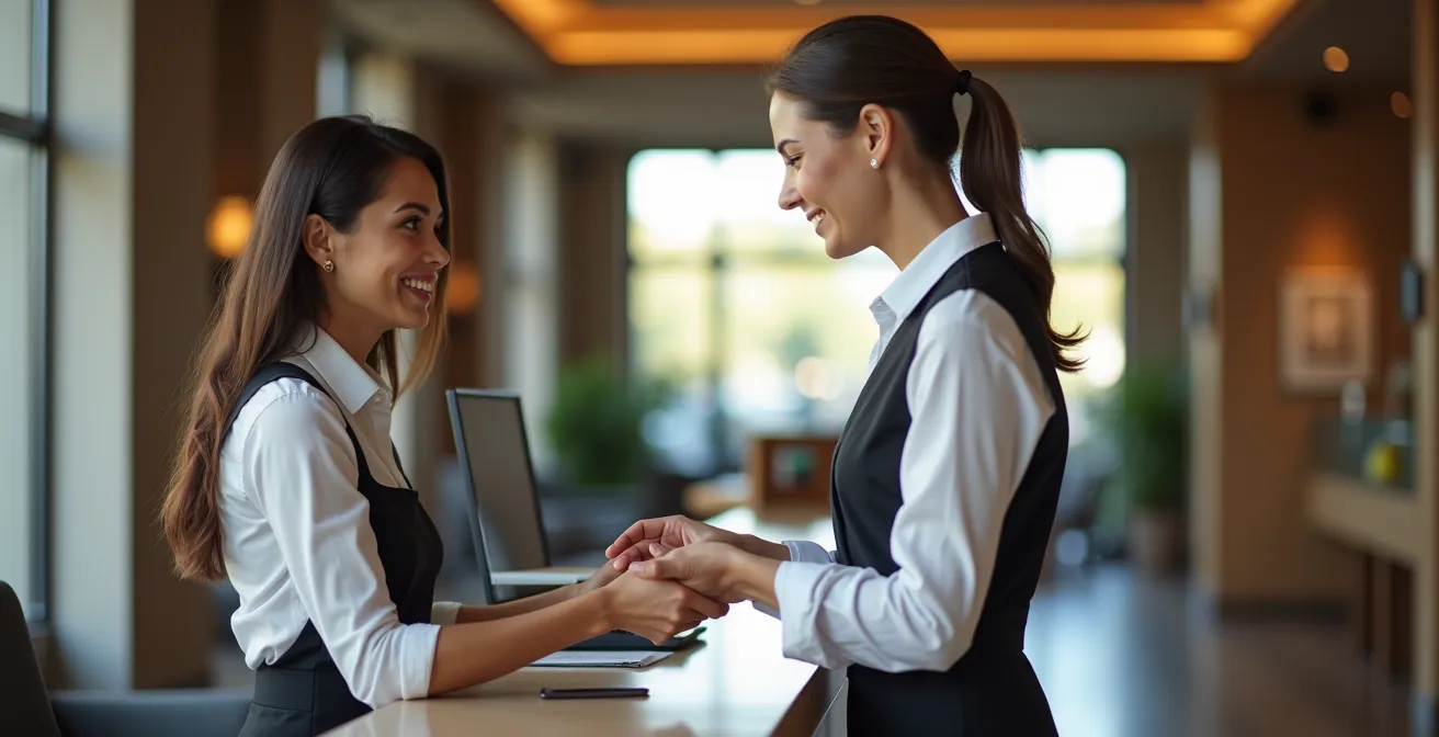 Réception d'hôtel moderne à Genève avec hôte accueillant un voyageur