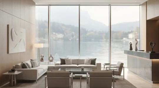 Lobby d’un hôtel à Genève au design sobre et authentique, baigné de lumière naturelle, avec des matières nobles et un grand espace vide pour la mise en page.