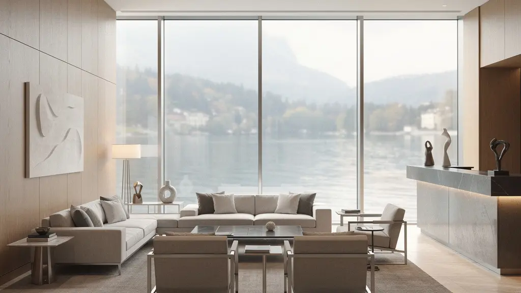 Lobby d’un hôtel à Genève au design sobre et authentique, baigné de lumière naturelle, avec des matières nobles et un grand espace vide pour la mise en page.