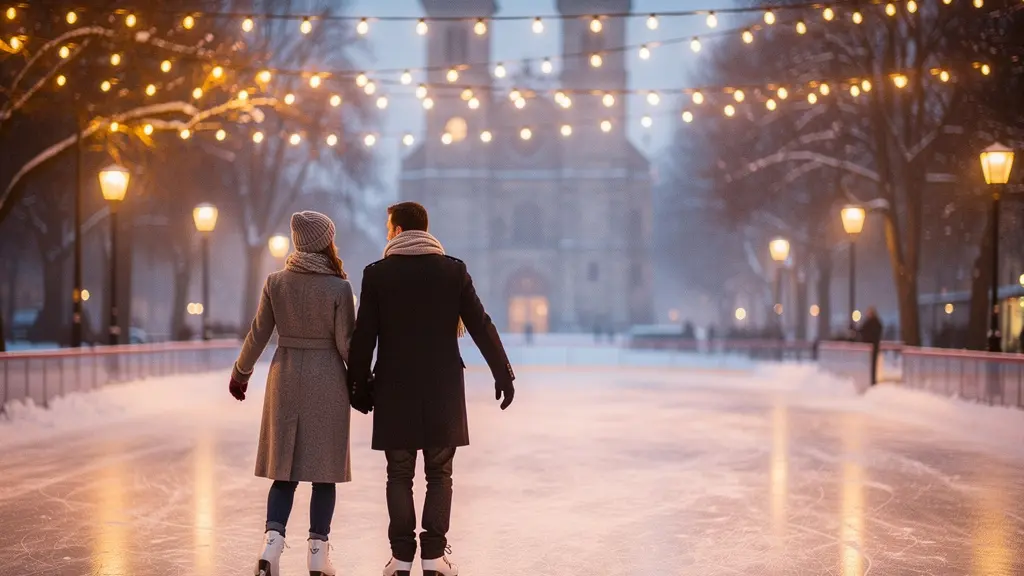 Couple patinant main dans la main sur une patinoire extérieure illuminée de guirlandes dans un parc hivernal genevois au crépuscule