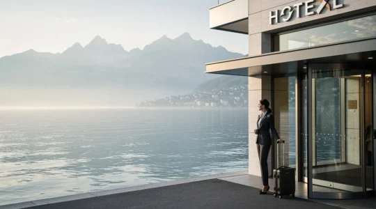 Vue élégante d'une résidence hôtelière moderne face au lac Léman à Genève avec le Jet d'Eau en arrière-plan