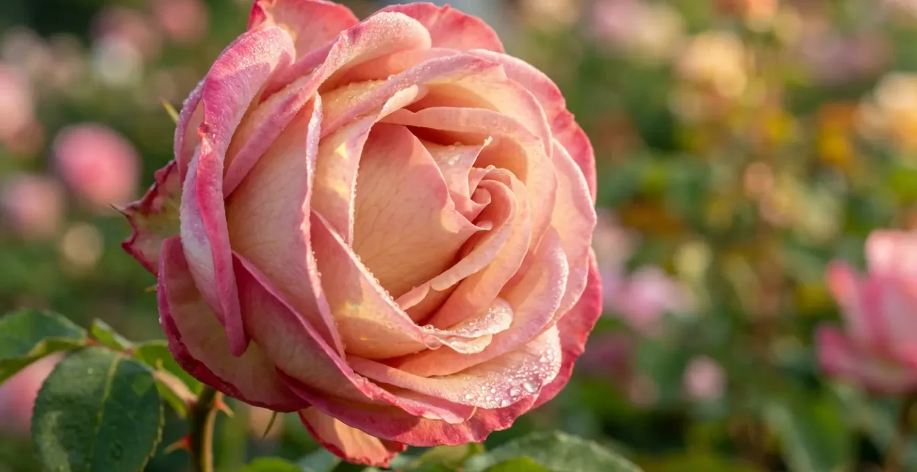 Gros plan macro sur des roses en pleine floraison dans la roseraie du Parc La Grange avec des gouttelettes de rosée sur les pétales
