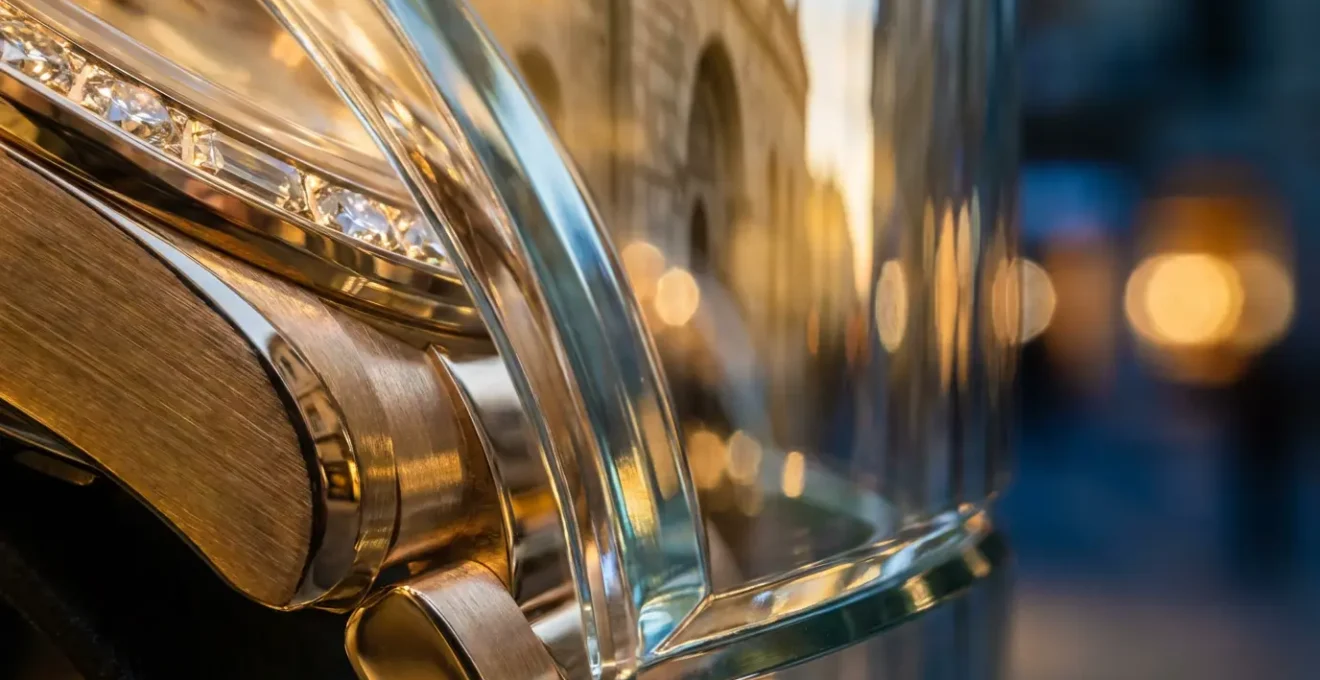 Reflets dorés des vitrines de luxe sur la rue du Rhône au crépuscule