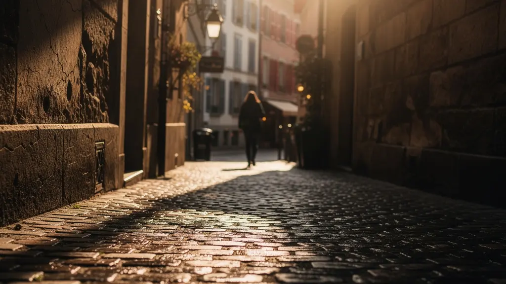 Ruelle pavée pittoresque de la Vieille-Ville de Genève baignée de lumière dorée