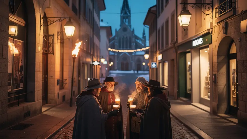 Scène nocturne dans la Vieille-Ville de Genève pendant la fête de l’Escalade, avec foule et torches, ambiance hivernale.