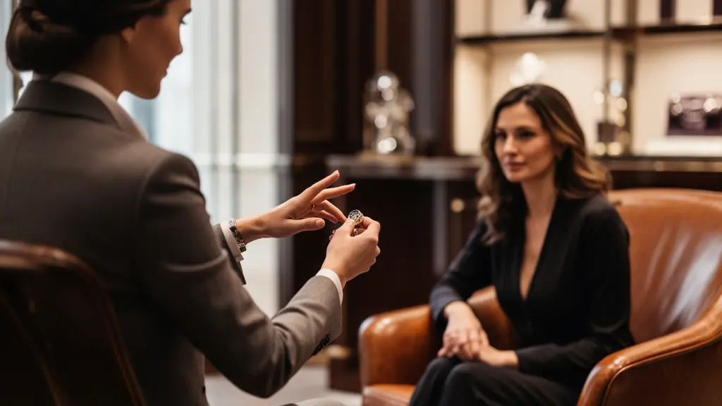 Salon privé élégant d'une boutique de luxe avec canapés en cuir et service personnalisé