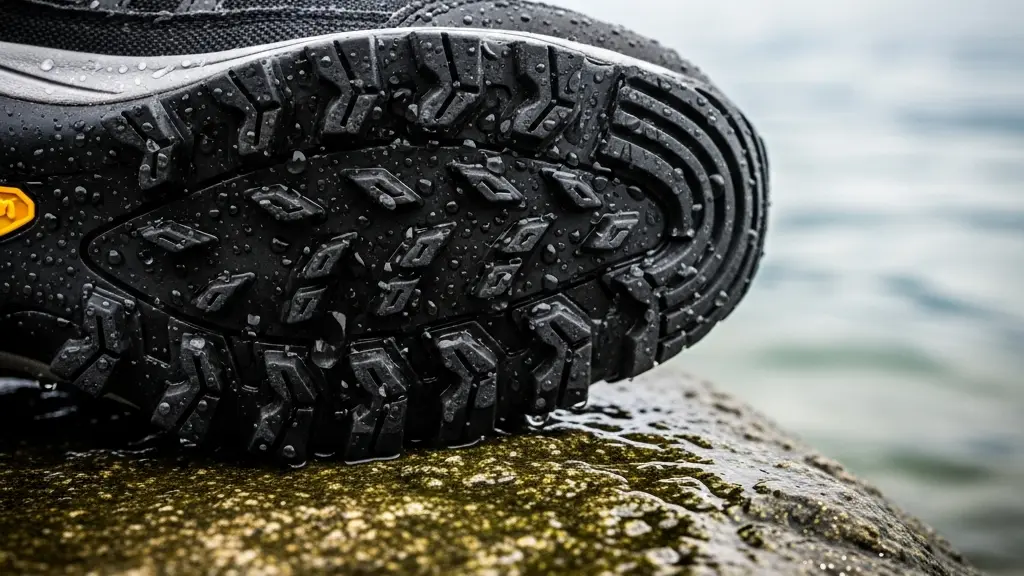 Gros plan sur une semelle de chaussure accrochant un rocher humide au bord du lac Léman, avec des gouttes d’eau et une texture détaillée.
