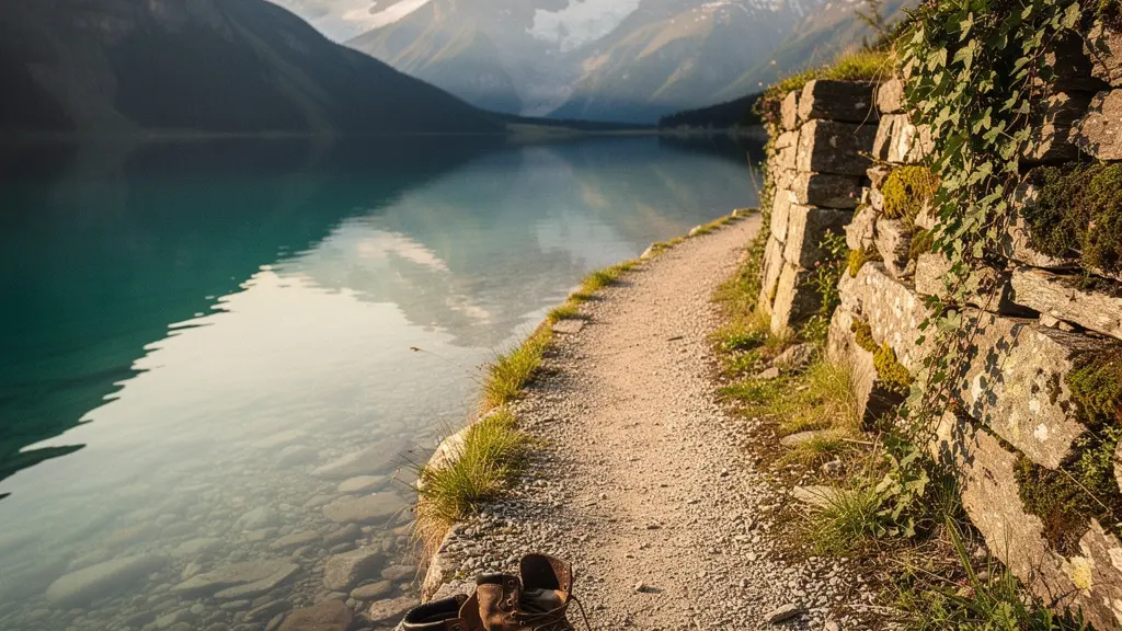 Sentier de randonnée au bord du lac Léman avec vue sur les eaux turquoise et les montagnes, entre Genève et Hermance