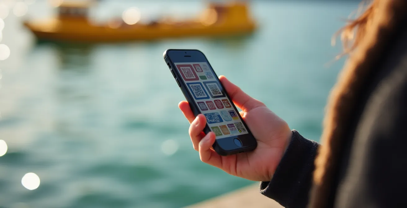 Main tenant un smartphone montrant un QR code flou avec le lac Léman en arrière-plan