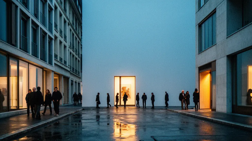 Rue du Quartier des Bains à Genève au crépuscule, avec des visiteurs allant de galerie en galerie dans une ambiance contemporaine.