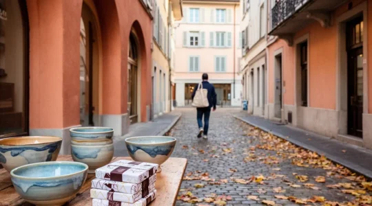 Étal d'artisan genevois présentant des céramiques et chocolats faits main dans une ruelle pavée de Carouge