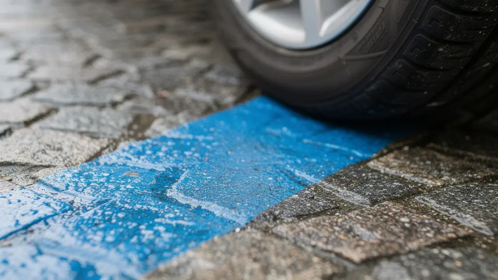 Gros plan d’un pneu sur des pavés humides avec un marquage bleu au sol, évoquant une zone de stationnement à Genève, sans aucun texte lisible.