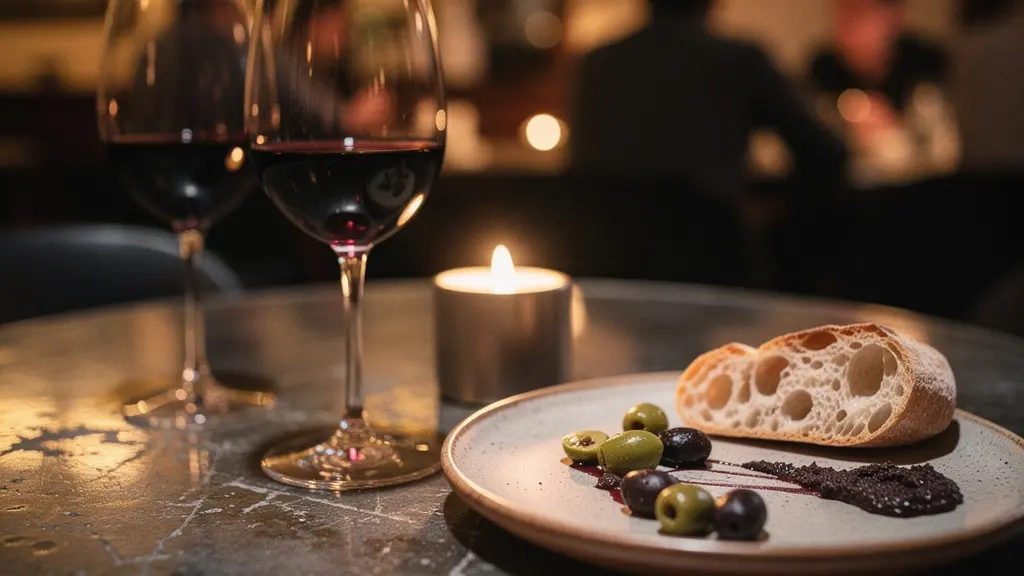 Gros plan sur une table de bistrot avec des verres de vin et des assiettes dans un bar du Quartier des Bains à Genève, ambiance nocturne chaleureuse