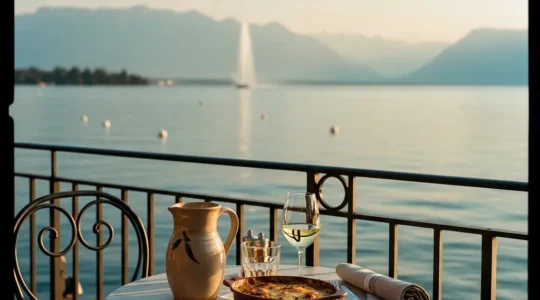 Terrasse d'un bistrot traditionnel genevois avec vue sur le lac Léman et le jet d'eau en arrière-plan, nappe à carreaux et pichet de vin local