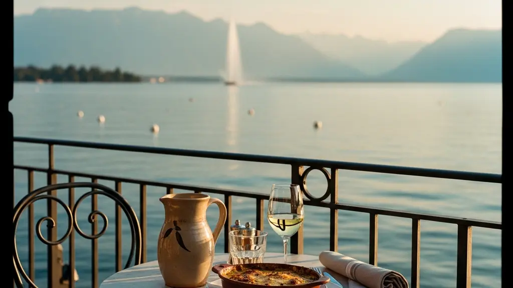 Terrasse d'un bistrot traditionnel genevois avec vue sur le lac Léman et le jet d'eau en arrière-plan, nappe à carreaux et pichet de vin local