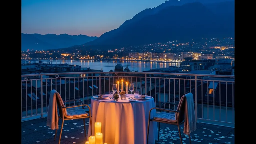 Toit-terrasse privatisé à Genève décoré de bougies et de fleurs avec vue nocturne sur le Mont-Blanc et le lac Léman