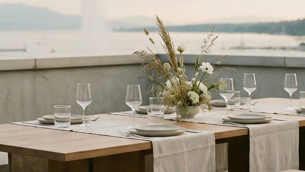 Terrasse privée épurée surplombant le lac Léman à Genève avec une table dressée et une vue dégagée au coucher du soleil.