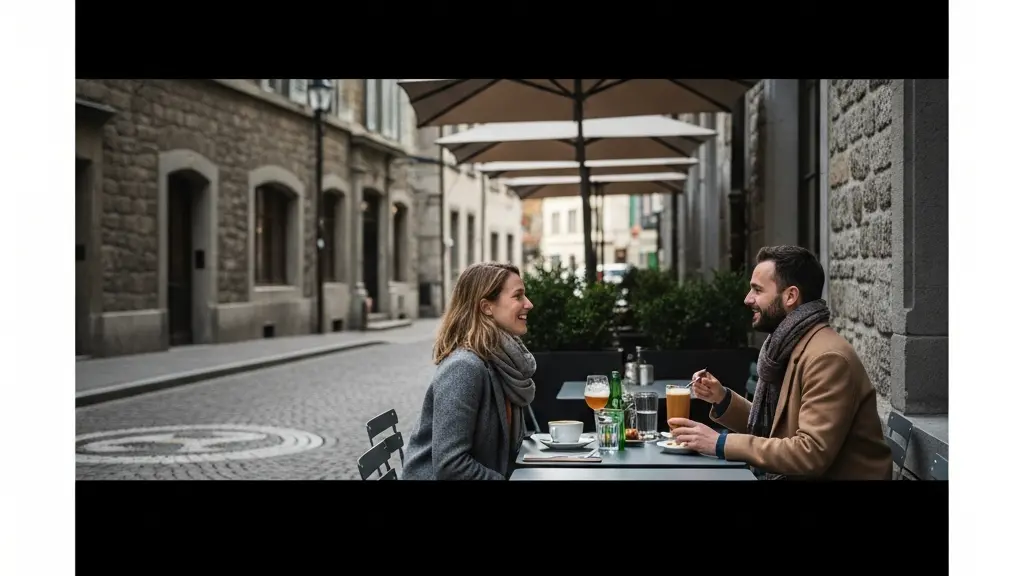Scène de terrasse en Vieille-Ville de Genève avec des personnes discutant autour de tables, pavés anciens et façade historique en arrière-plan, sans aucun texte visible.
