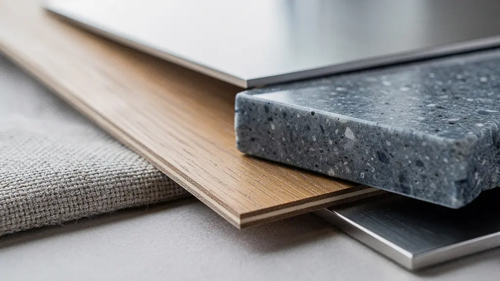 Gros plan sur des textures de pierre, bois et tissu, évoquant des matériaux durables typiques d’un hôtel design à Genève.