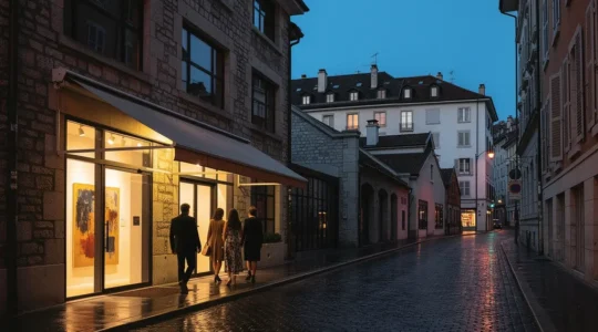 Vue atmosphérique d'une rue du Quartier des Bains à Genève en soirée, avec des passants devant des vitrines de galeries d'art contemporain éclairées