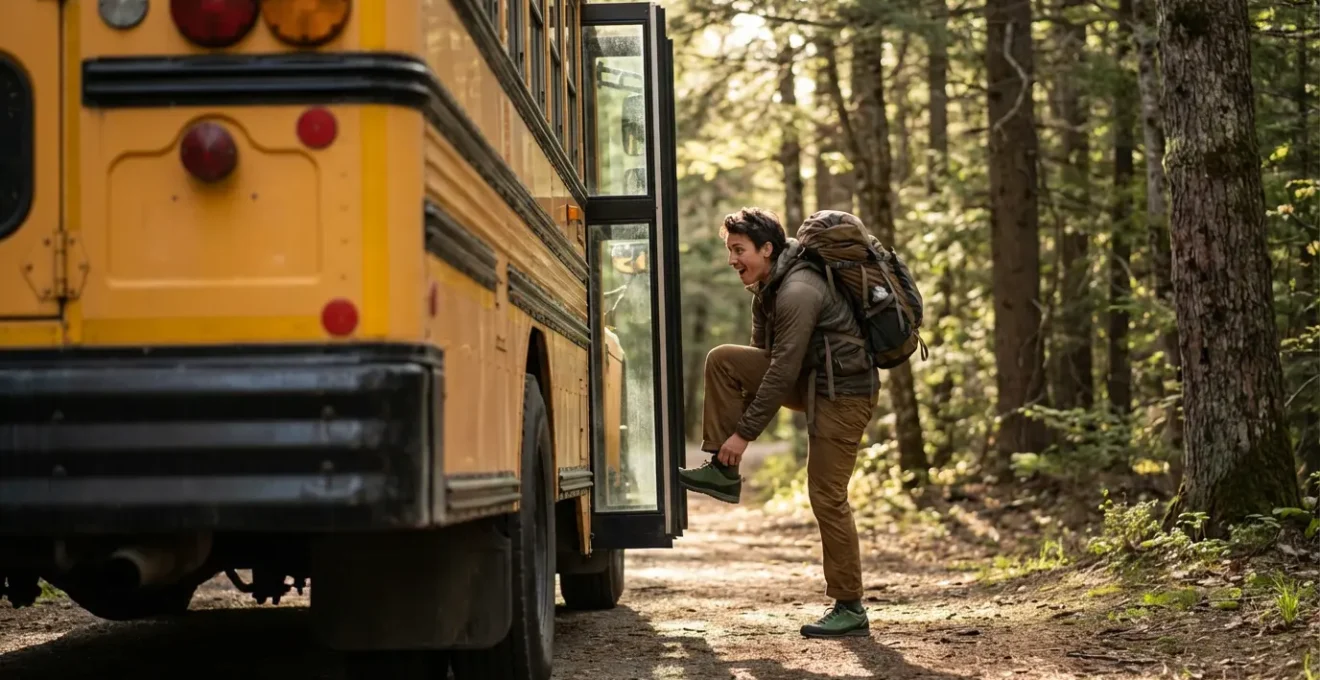 Randonneur sortant d'un bus TPG au départ d'un sentier forestier à la périphérie de Genève