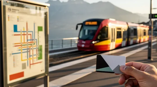 Vue moderne du réseau de transports publics genevois avec un passager tenant sa carte Unireso