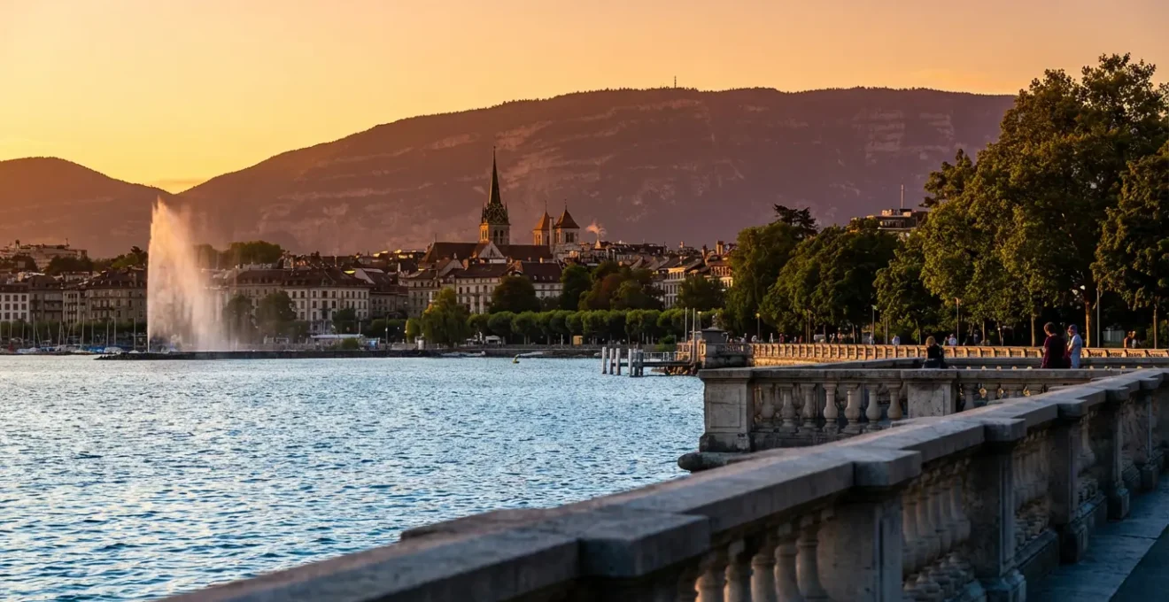 Vue panoramique depuis la Promenade de la Treille à l'heure dorée sur le lac Léman et le Salève
