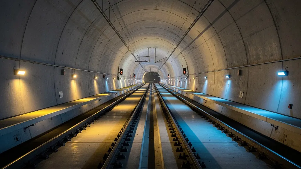Vue souterraine du tunnel CEVA avec ses systèmes de signalisation doubles illuminés
