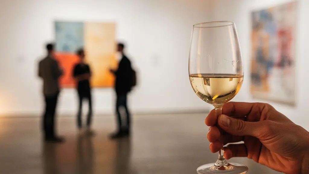 Verre de vin blanc posé sur un rebord avec des reflets de lumière évoquant l'atmosphère conviviale d'un vernissage dans une galerie d'art contemporain