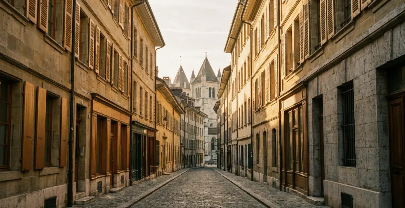 Vue pittoresque des ruelles pavées de la Vieille-Ville de Genève avec la cathédrale Saint-Pierre en arrière-plan
