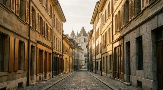 Vue pittoresque des ruelles pavées de la Vieille-Ville de Genève avec la cathédrale Saint-Pierre en arrière-plan