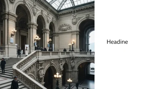 Vue intérieure lumineuse d’un musée genevois, avec visiteurs se déplaçant calmement et de l’espace vide pour un titre.