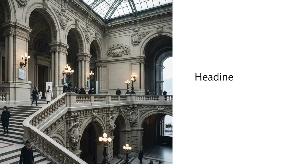 Vue intérieure lumineuse d’un musée genevois, avec visiteurs se déplaçant calmement et de l’espace vide pour un titre.