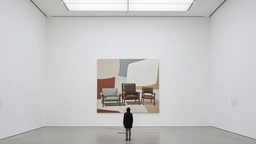 Un visiteur observe une Furniture Sculpture de John Armleder dans l'espace épuré du MAMCO, jeu de reflets et de perspectives