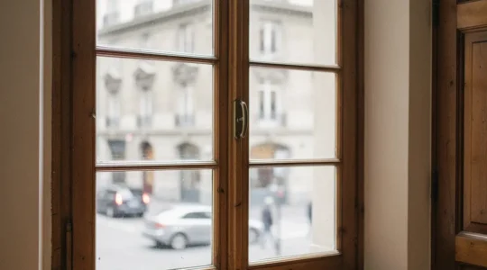Intérieur d’un appartement ancien à Genève avec une fenêtre en bois restaurée, donnant sur une rue urbaine floue, suggérant l’isolation acoustique sans altérer le cachet.