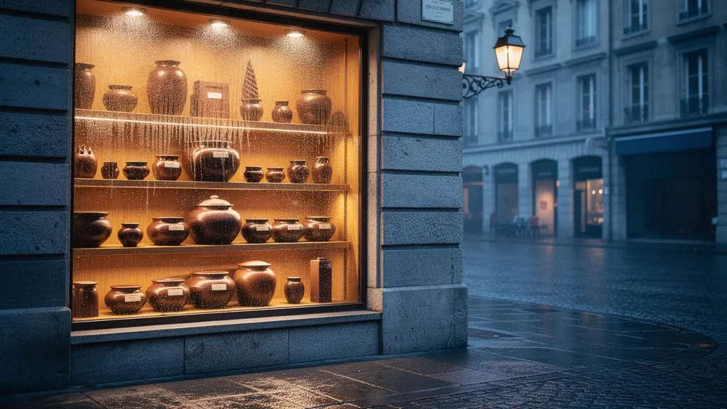 Vitrine chaleureuse d'une chocolaterie de la vieille ville de Genève en décembre, avec des marmites en chocolat de différentes tailles alignées derrière la vitre embuée