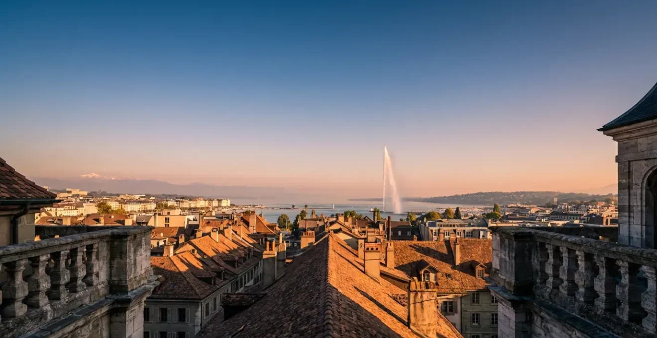 Vue panoramique sur Genève et le Jet d'Eau depuis les hauteurs de la cathédrale Saint-Pierre