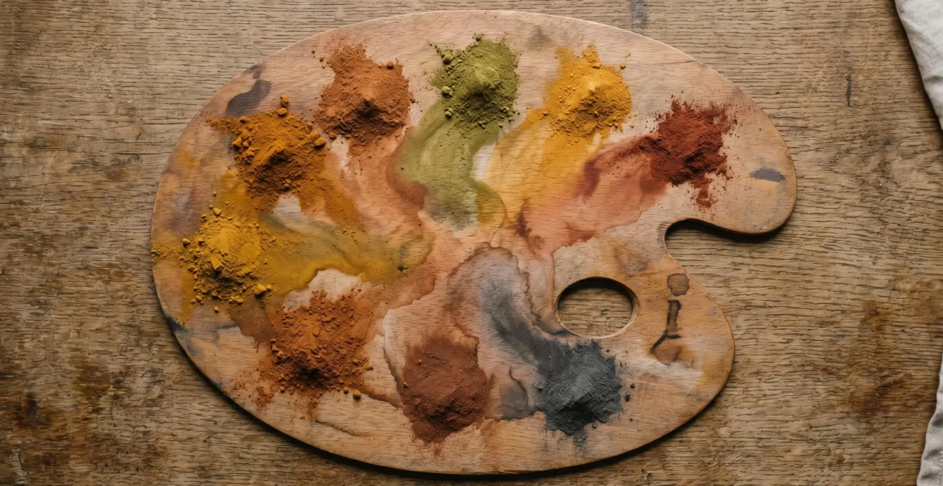 Palette de peintre avec pigments naturels aux nuances chaudes (ocres, verts, ambrés) symbolisant la diversité aromatique des infusions et créations originales