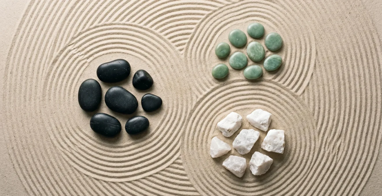 Vue aérienne d'un jardin zen japonais avec trois groupes de pierres (noires, vertes et blanches) disposées harmonieusement sur du sable ratissé, symbolisant l'équilibre d'une carte de thés
